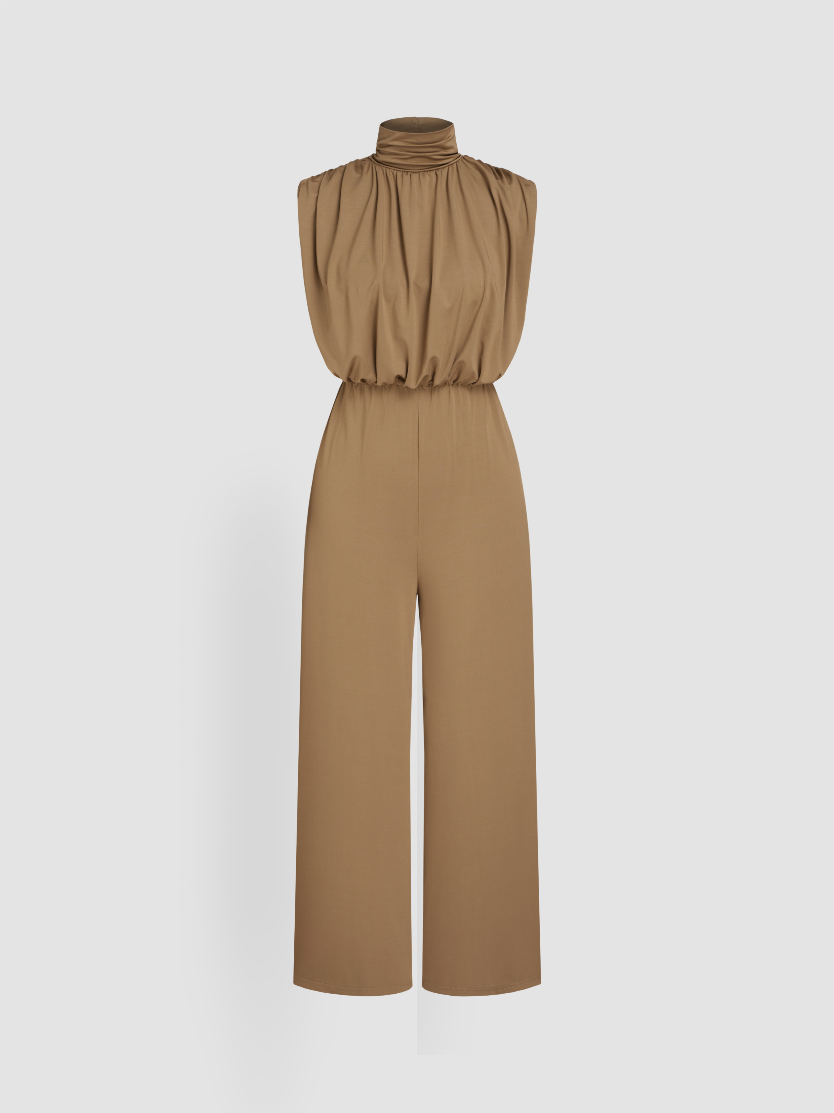 Woven High Neck Solid Zipper Ruched Jumpsuit For Daily Casual Work
