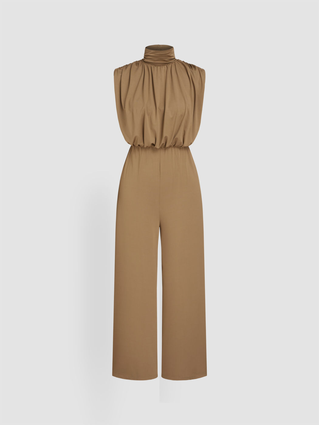 High Neck Solid Zipper Ruched Jumpsuit