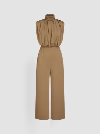 High Neck Solid Zipper Ruched Jumpsuit