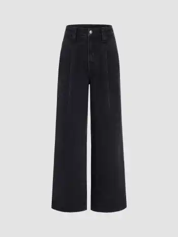 Denim High Waist Pleated Straight Leg Jeans