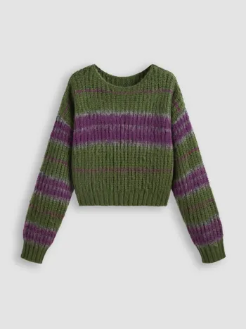  Rundhals Gestreiftes Strickoberteil Kurz Kurve & Plus