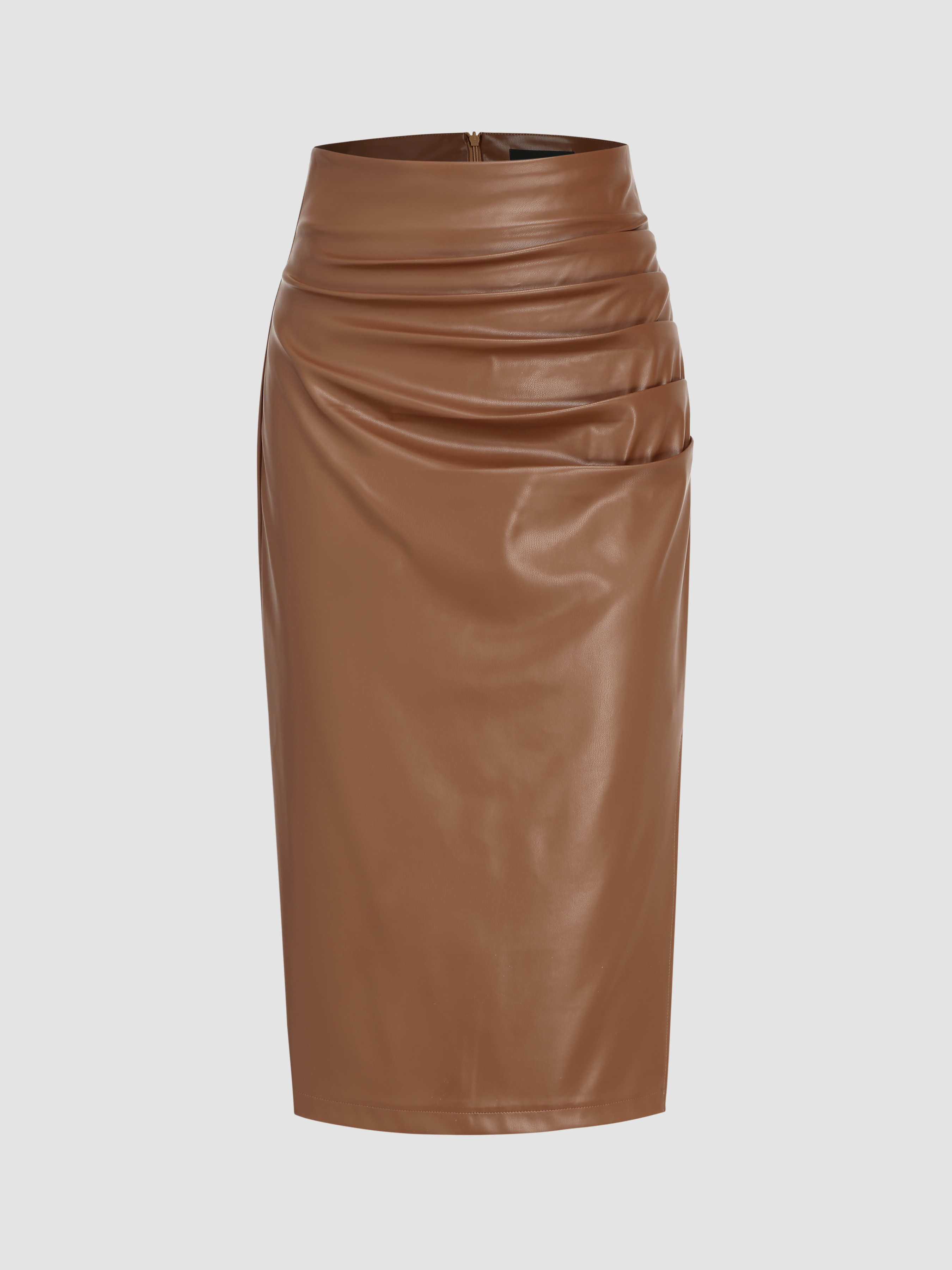 Faux Leather Mid Waist Ruched Midi Skirt - Cider