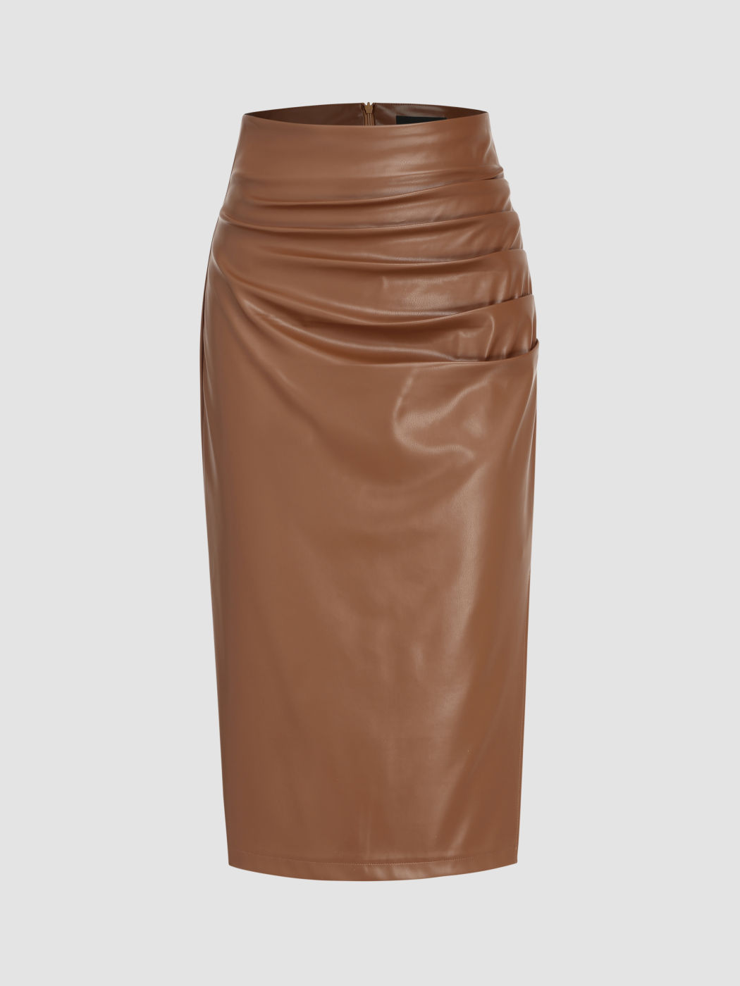  Kunstleder Mid Waist Ruched Midirock