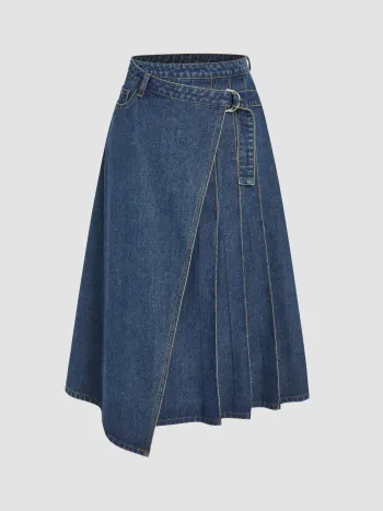 Denim High Waist Asymmetrical Pleated Maxi Skirt
