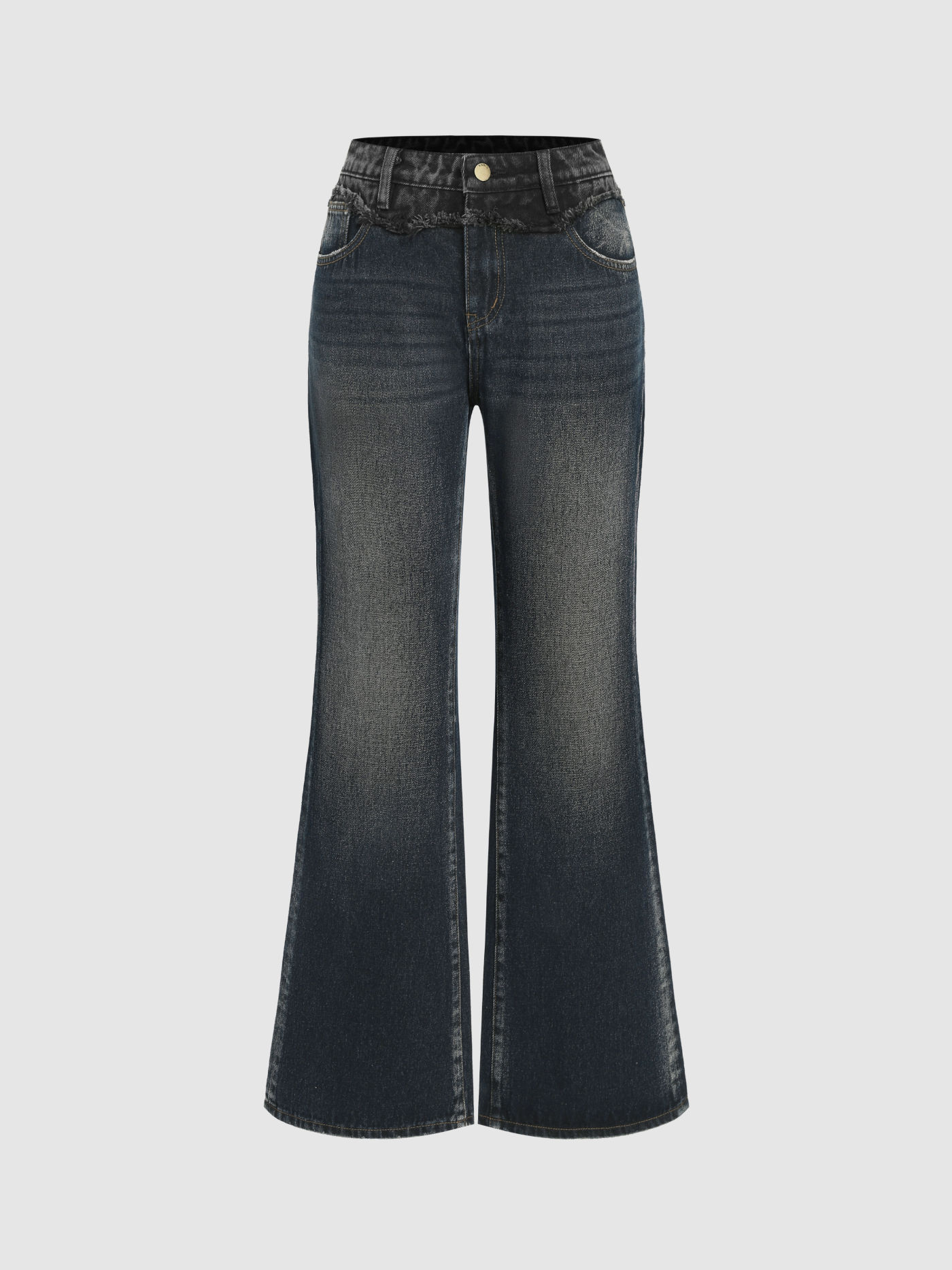 Denim Mid Waist Solid Patchy Flared Jeans