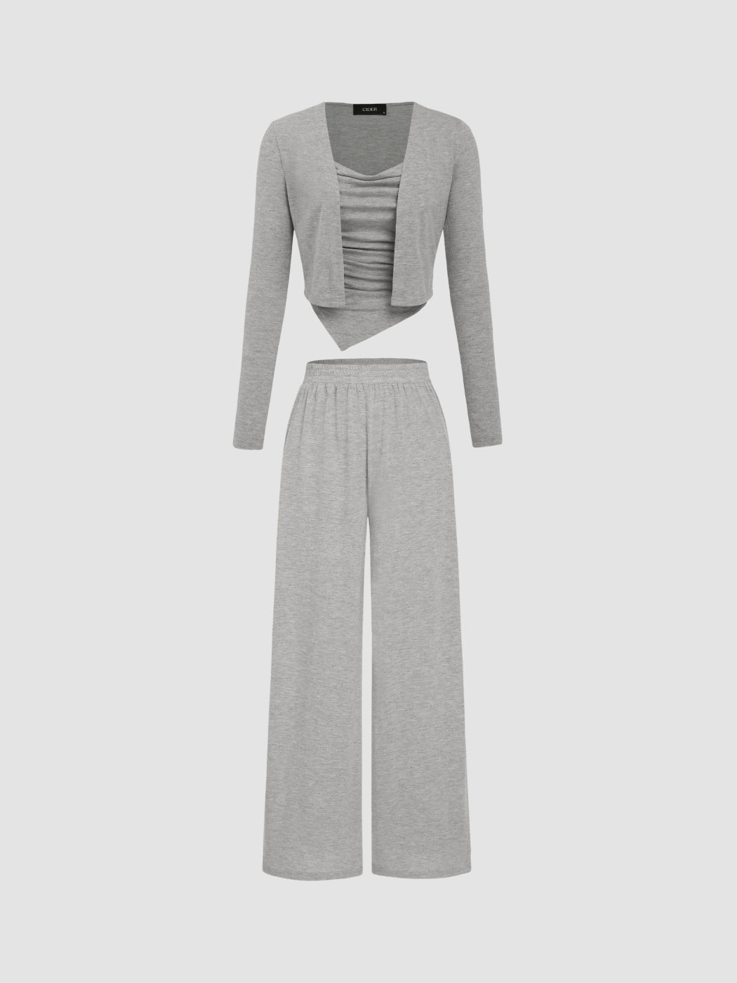 3pcs Solid Ruched Tank Top & Cardigan & Pants Set