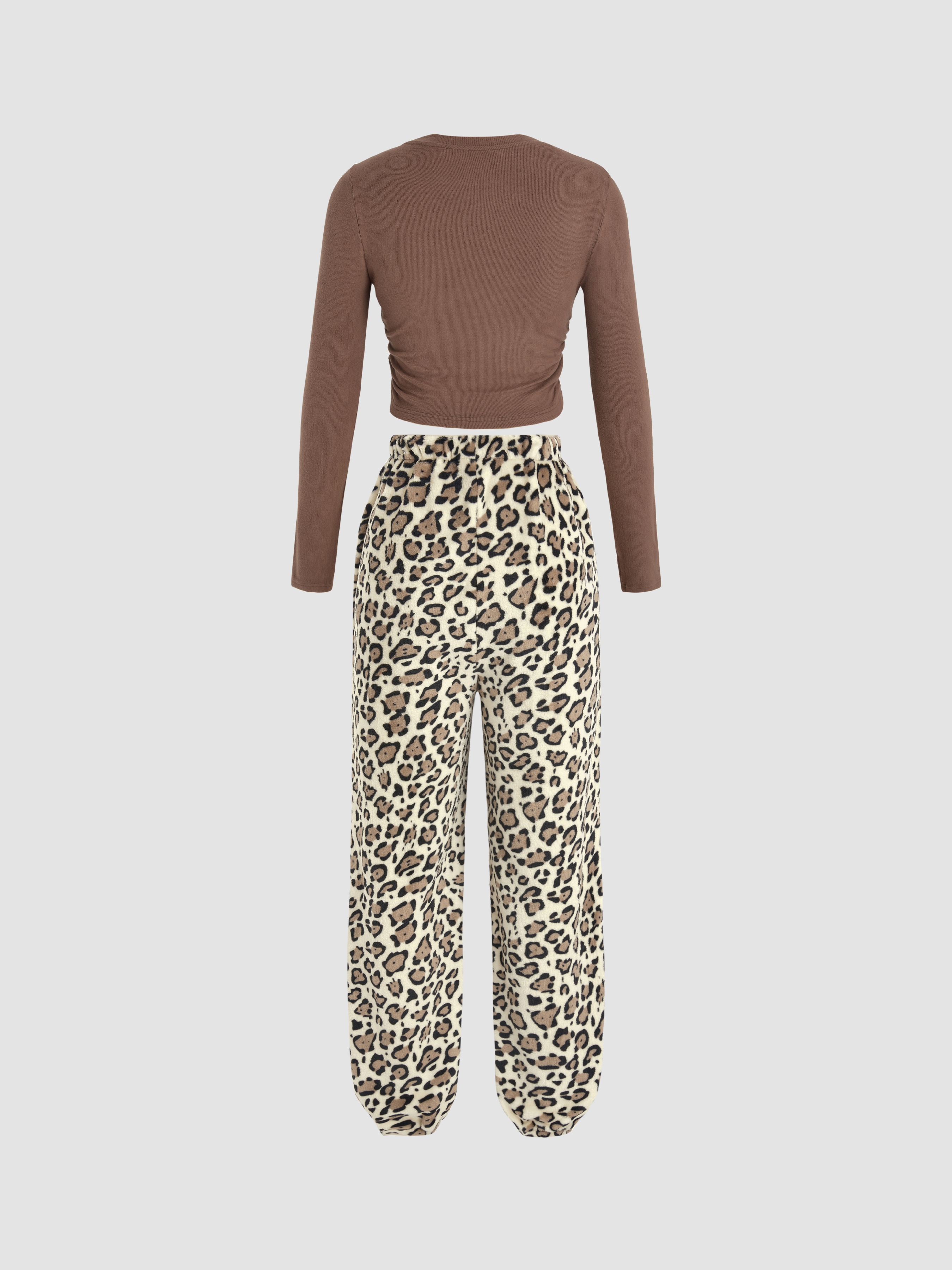 Solid Ruched Top & Fleece Leopard Print Pants Set - Cider