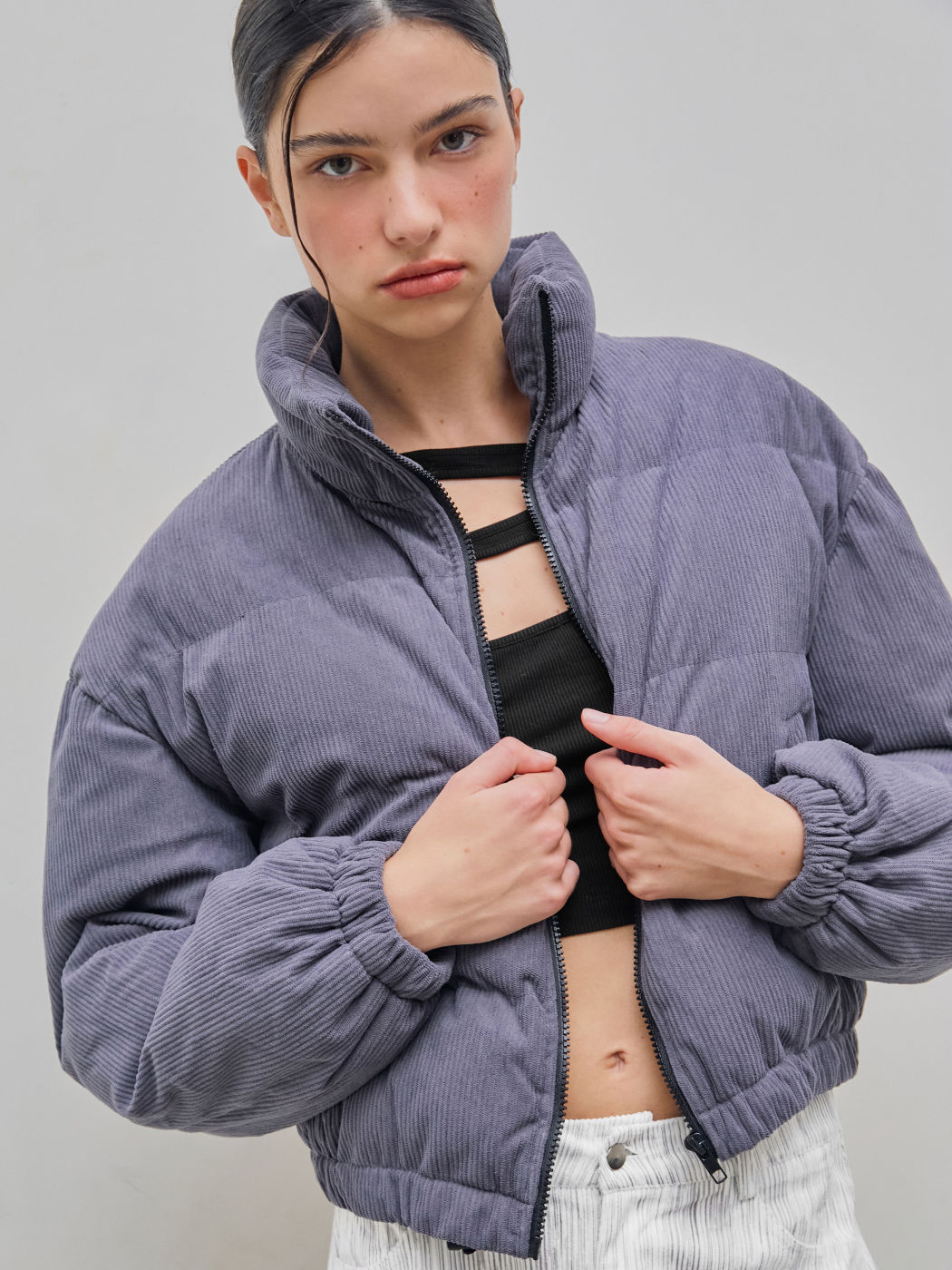 Corduroy Stand Collar Solid Pocket Puffer Jacket
