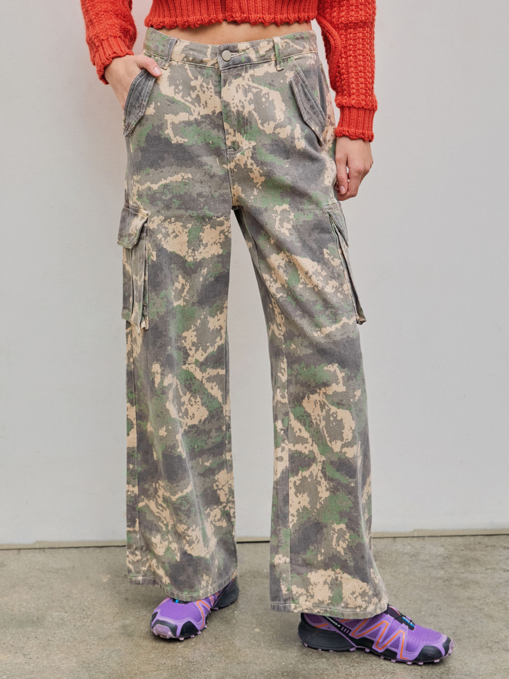  Hohe Taille Camo Knopf Cargo Weite Bein Jeans