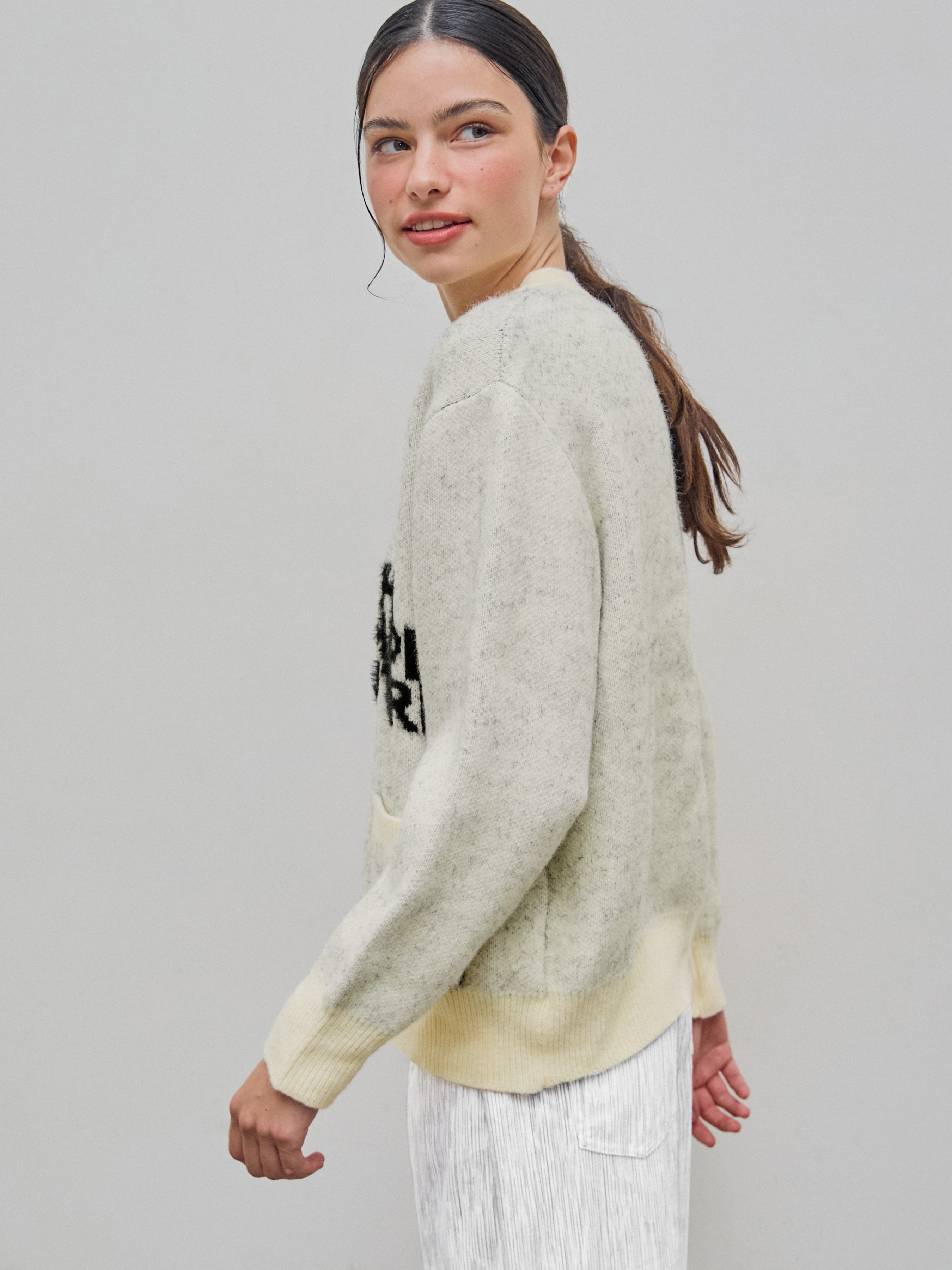 V-neck Graphic Letter Button Knitted Cardigan For School