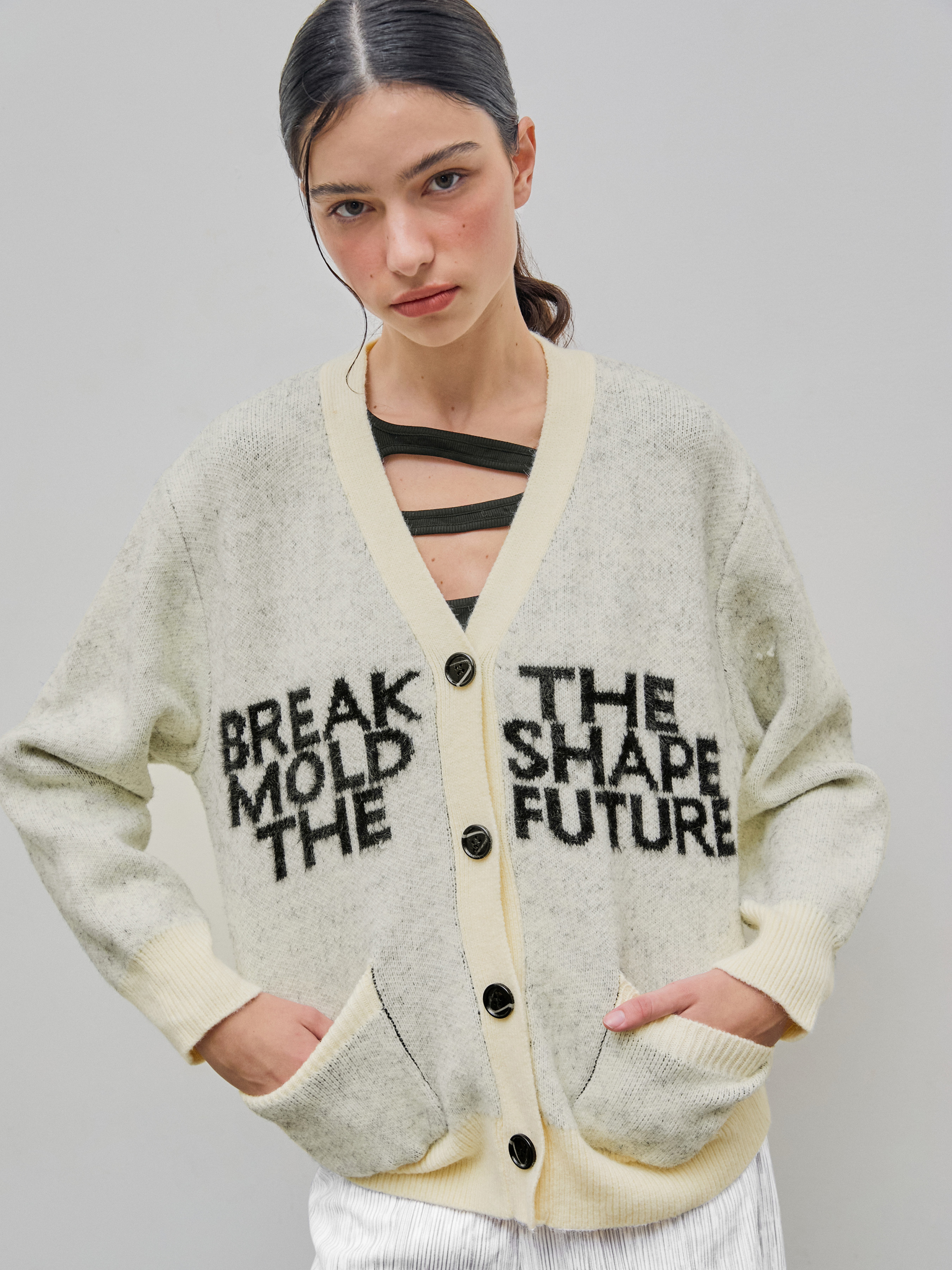 V-neck Graphic Letter Button Knitted Cardigan For School