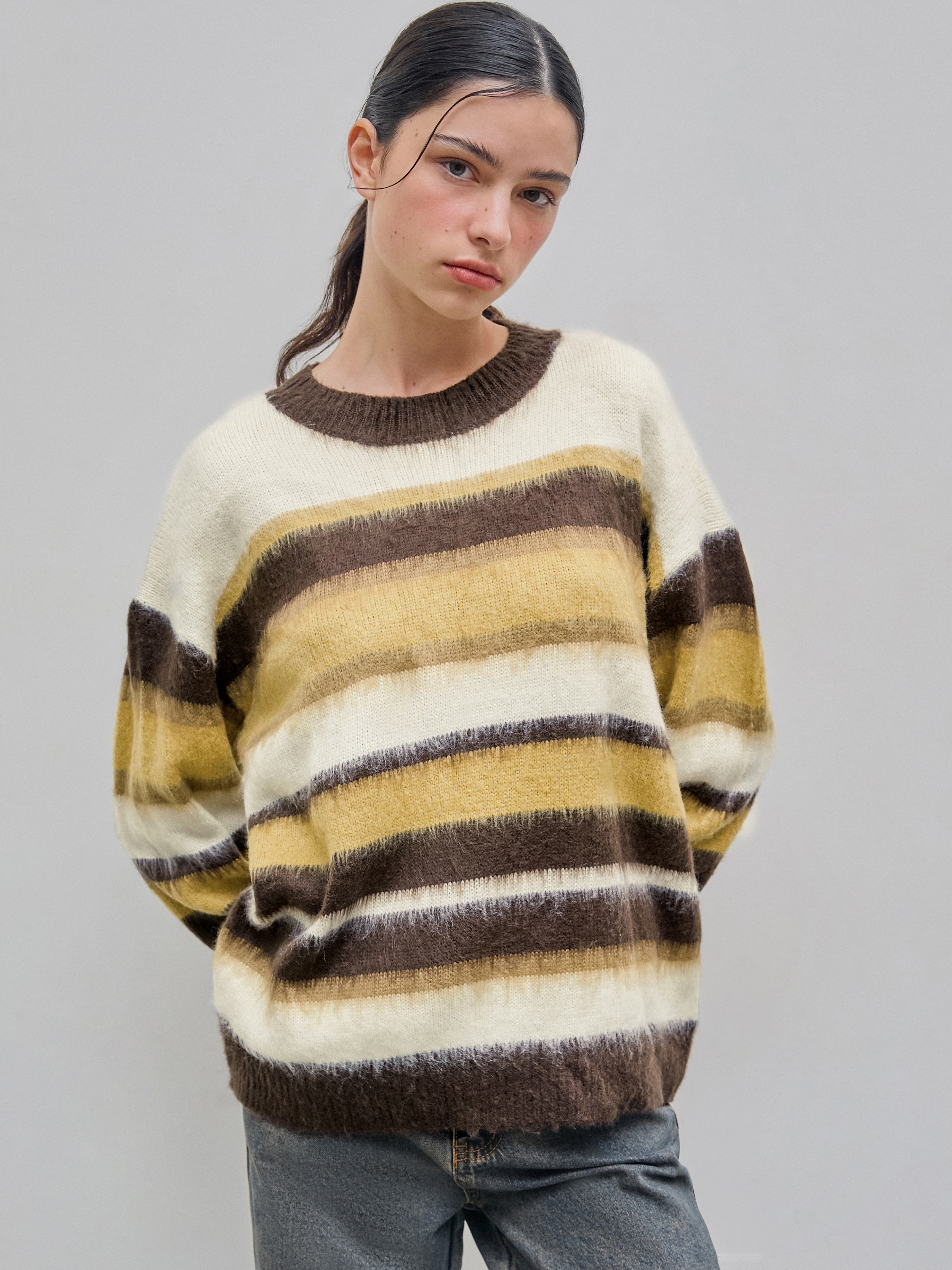 Mohair-blend Round Neck Stripe Knitted Long Sleeve Top