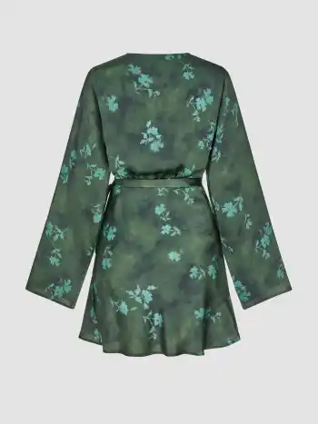  V-Ausschnitt Blumenmuster Gürtel Rüschen Minikleid