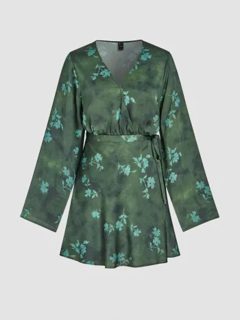  V-Ausschnitt Blumenmuster Gürtel Rüschen Minikleid
