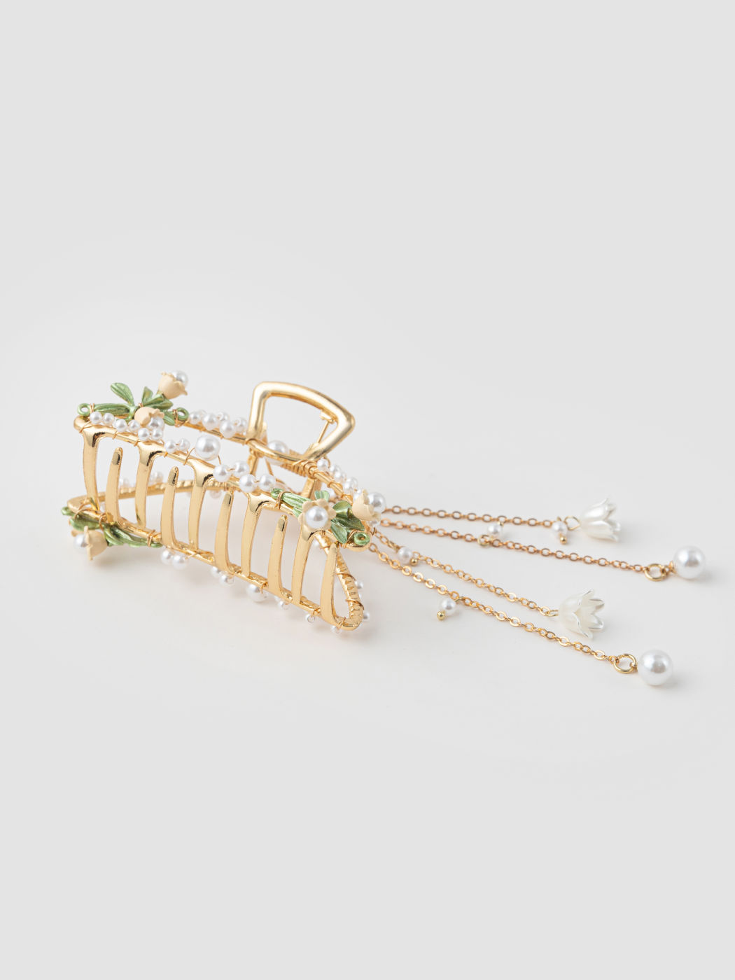  Metallische Blumen- & Faux-Perlen-Dekor Quaste Haarkralle