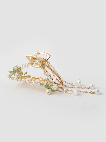 Metallic Floral & Faux Pearl Decor Tassel Hair Claw