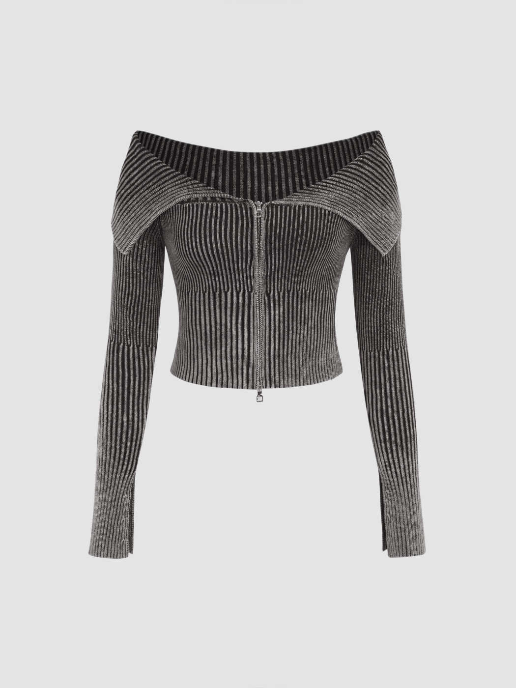 Knit Fabric Knit Off-shoulder Zipper Long Sleeve Top For School