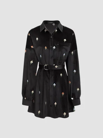 Camicia in velluto a coste con ricamo floreale e mini abito con cintura