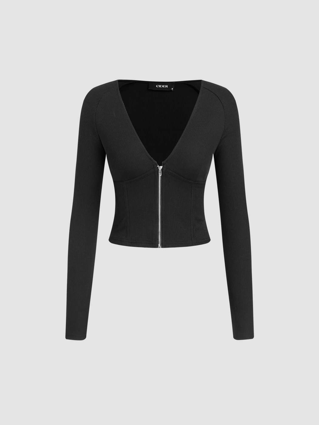 Rib V-neck Solid Zipper Long Sleeve Crop Top For Daily Casual