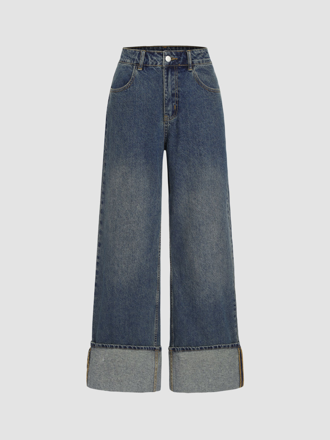Middle Waist Solid Button Wide Leg Jeans