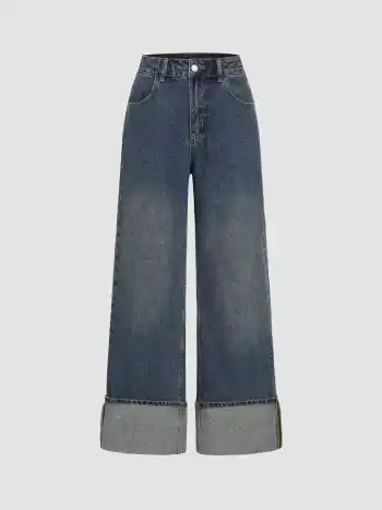 Mittlere Taille, einfarbig, mit Knöpfen, Breitbeinige Jeans