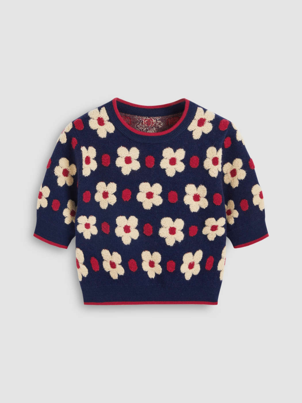 Round Neck Flower Pattern Knitted Short Sleeve Crop Top For School