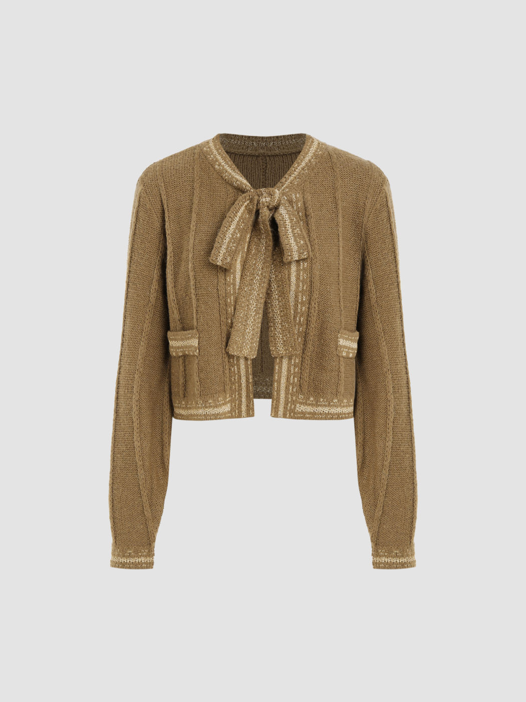  Wollmischung V-Ausschnitt Schleife Strickjacke