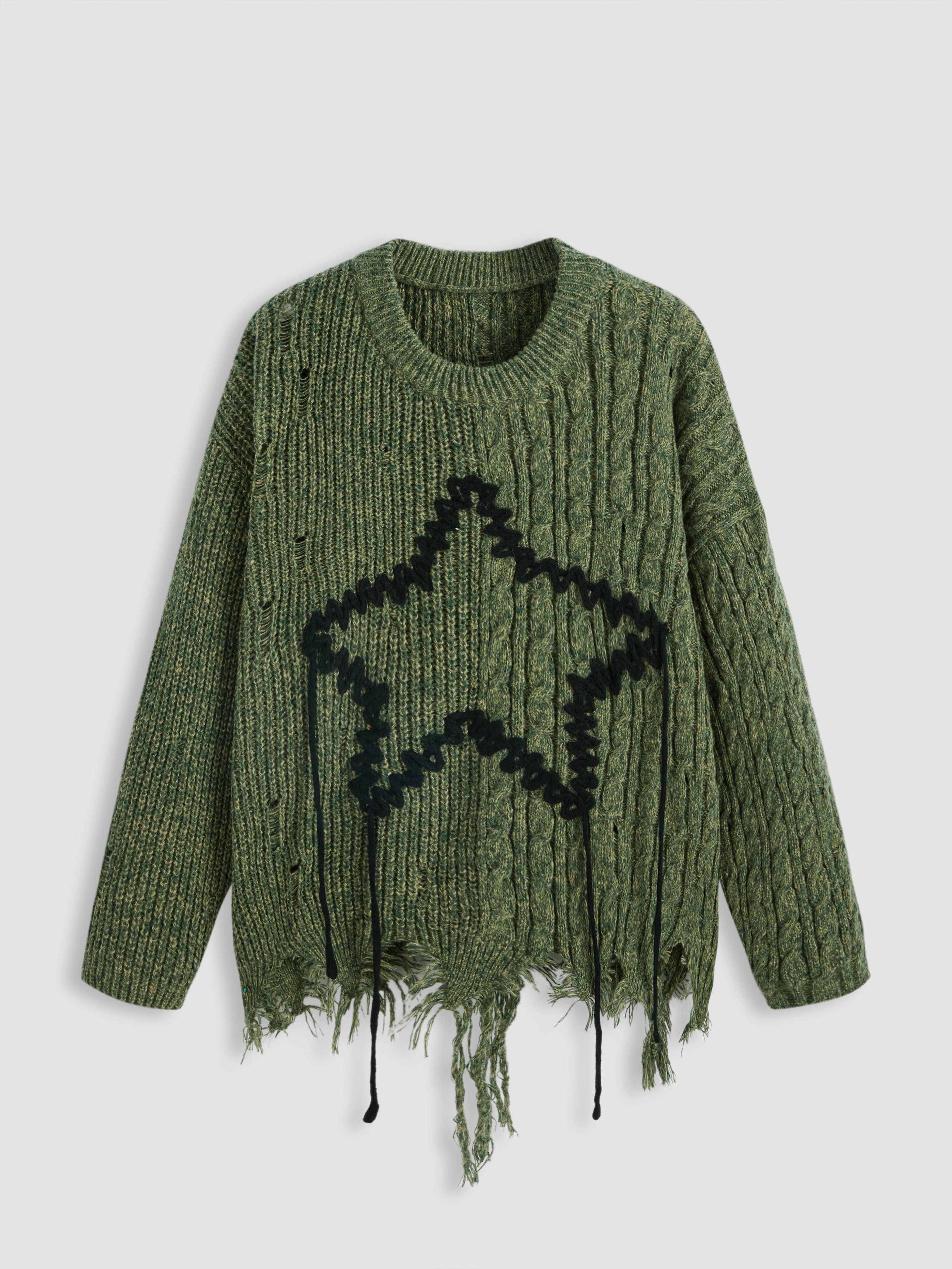 Knit Fabric Round Neck Star Ripped Knitted Long Sleeve Top For School ...