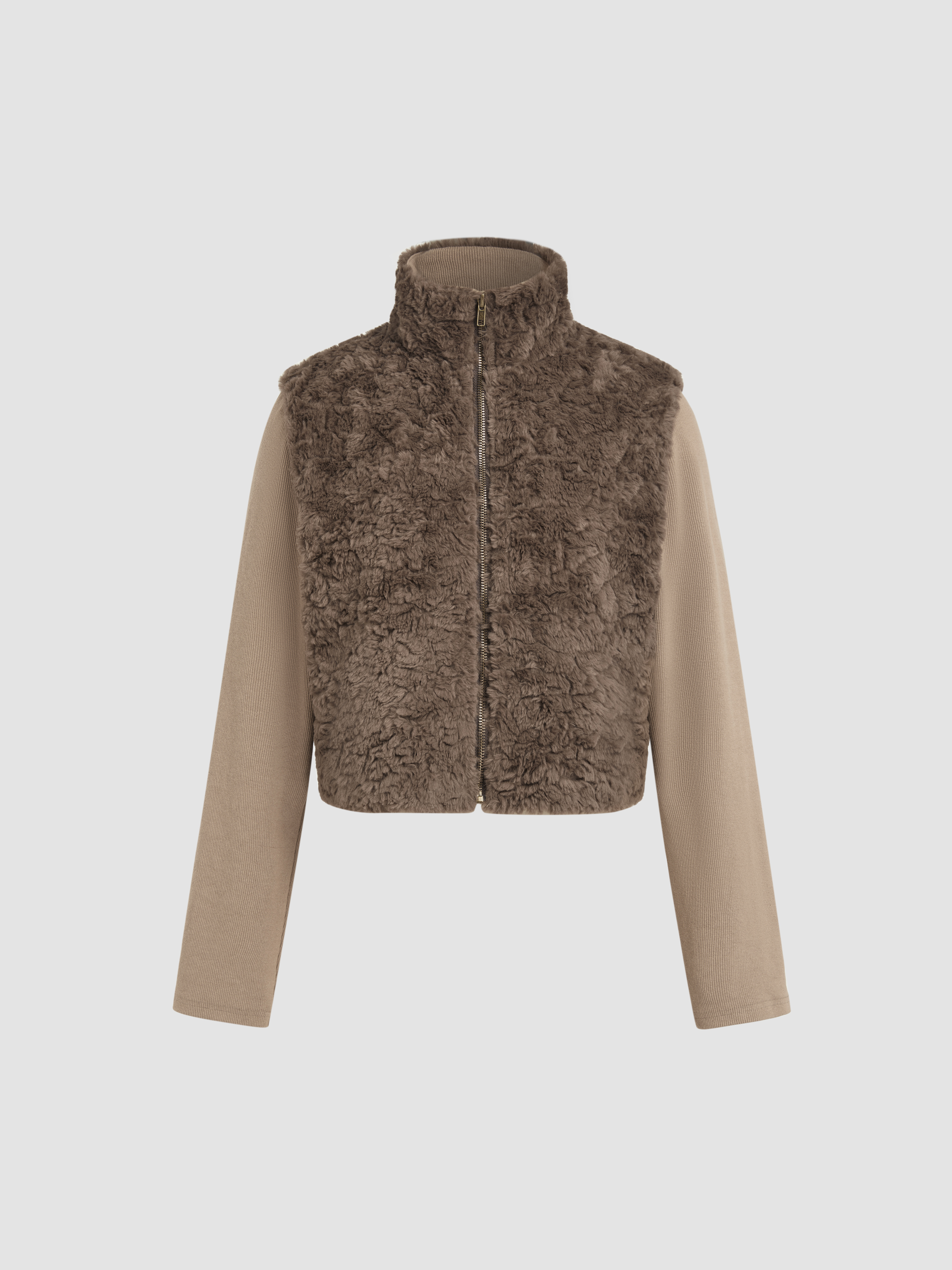 Faux Fur Stand Collar Patchy Bomber Jacket Cider