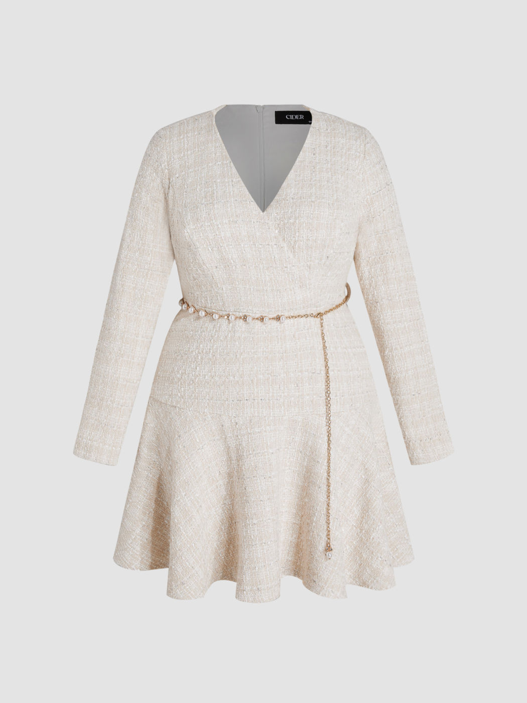 Tweed V-neck Solid Faux Pearl Mini Dress Curve & Plus