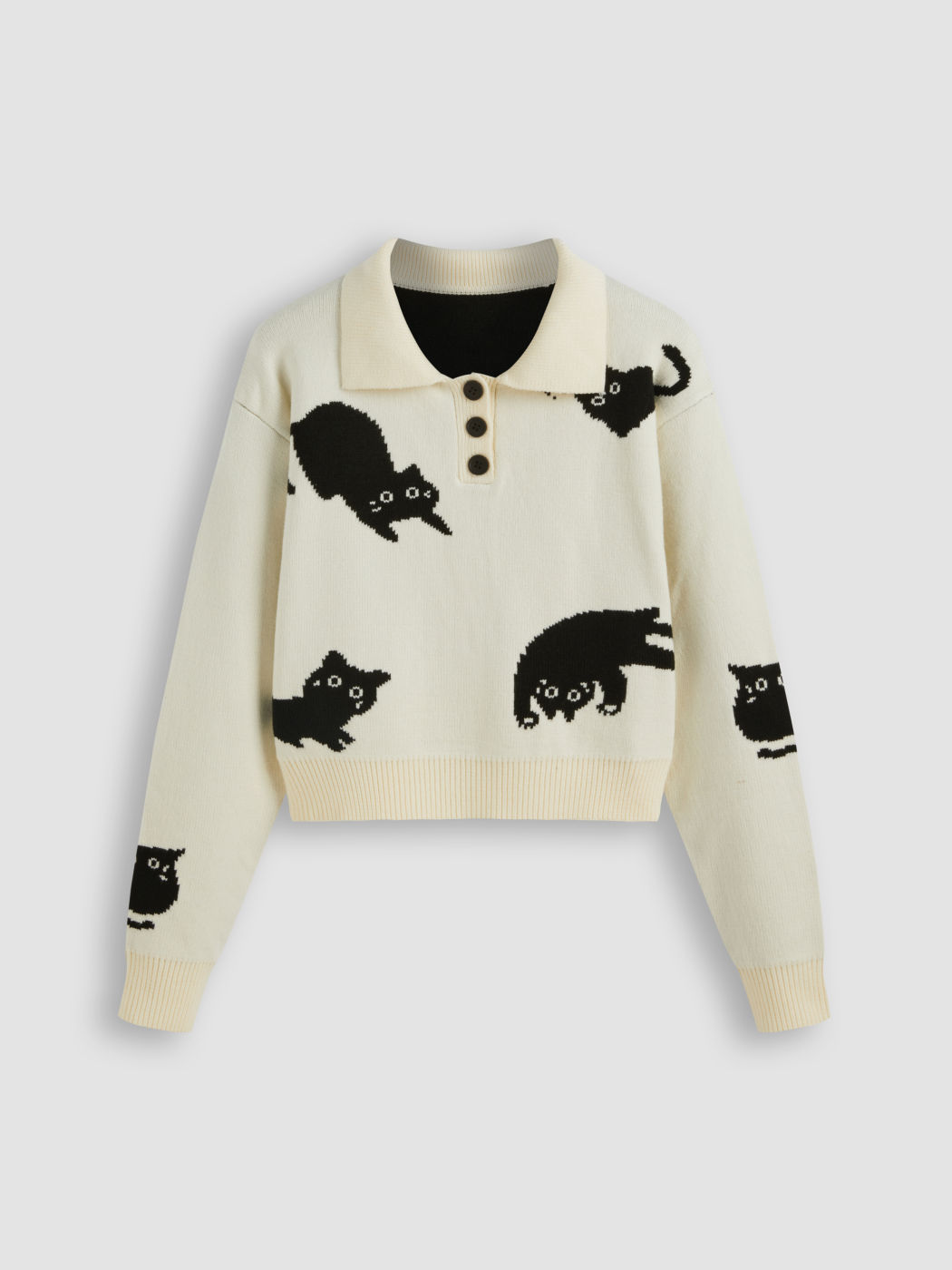 Knit Polo Cat Knitted Long Sleeve Top For Daily Casual School