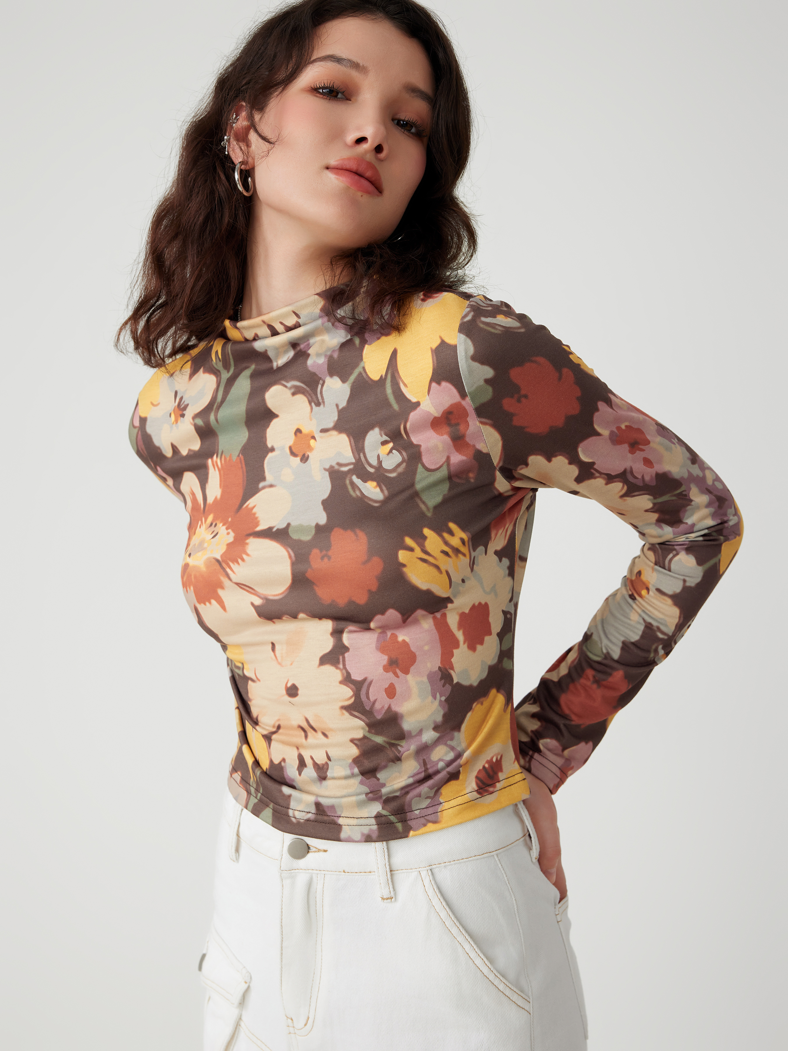 High Neck Floral Long Sleeve Top For Daily Casual School