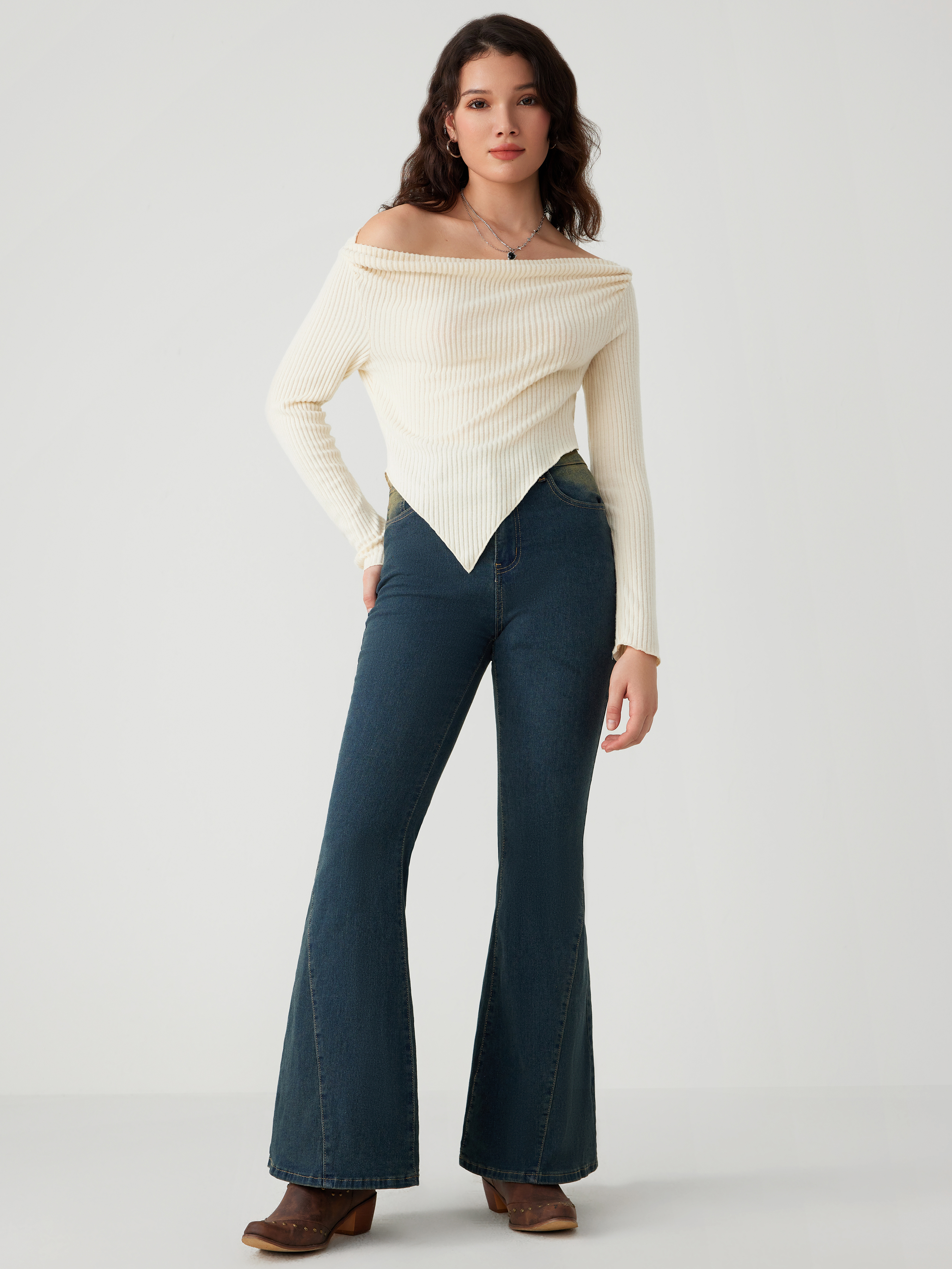 Terry Asymmetrical Neck Solid Long Sleeve Top For Daily