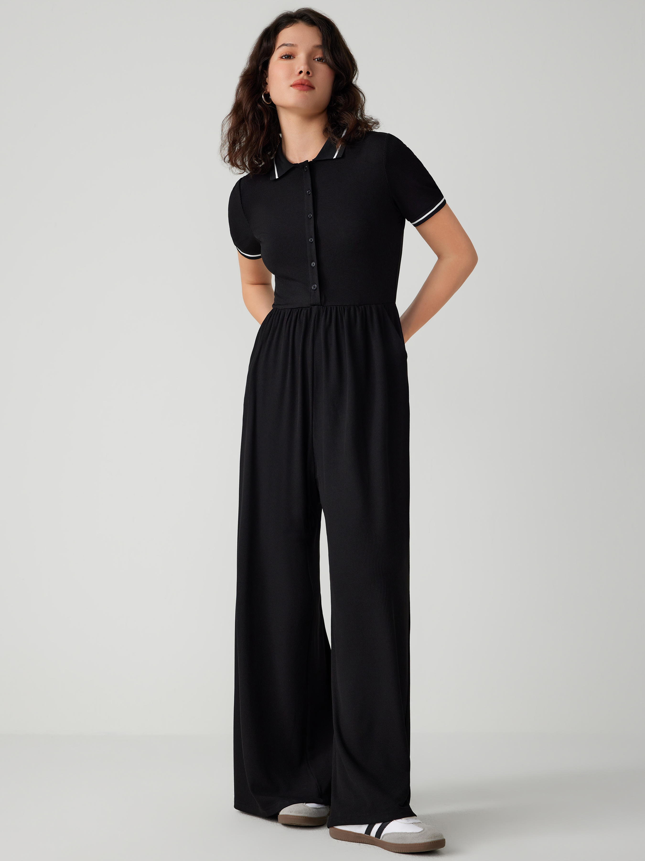 Knit Fabric Polo Collar Contrast Trim Button Jumpsuit For