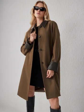Kunstleder Kontrastkragen Lange Barn Jacke