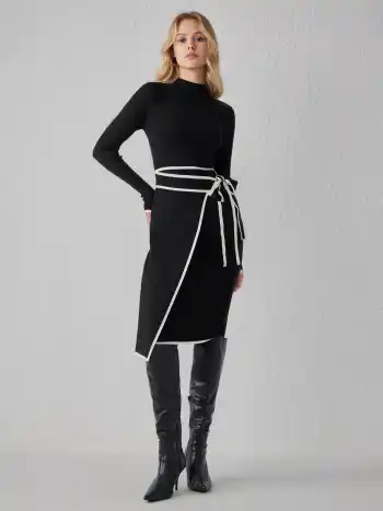 Turtleneck Belted Bowknot Knitted Maxi Dress