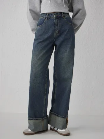 Mittlere Taille, einfarbig, mit Knöpfen, Breitbeinige Jeans