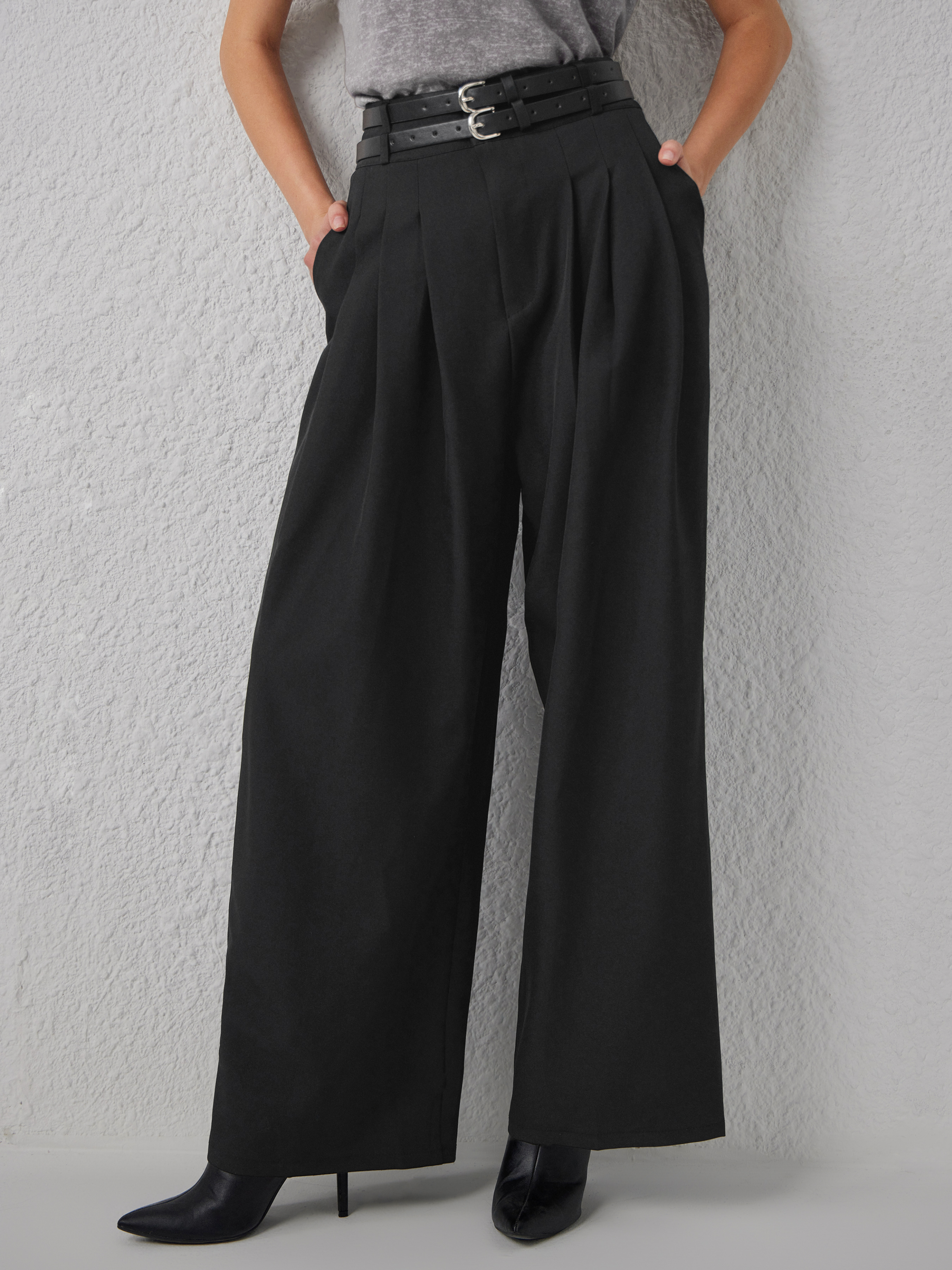 Middle Waist Double Belted Wide Leg Trousers