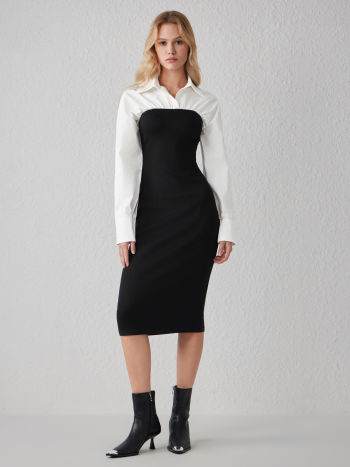 Collar Solid Patched Midi Dress