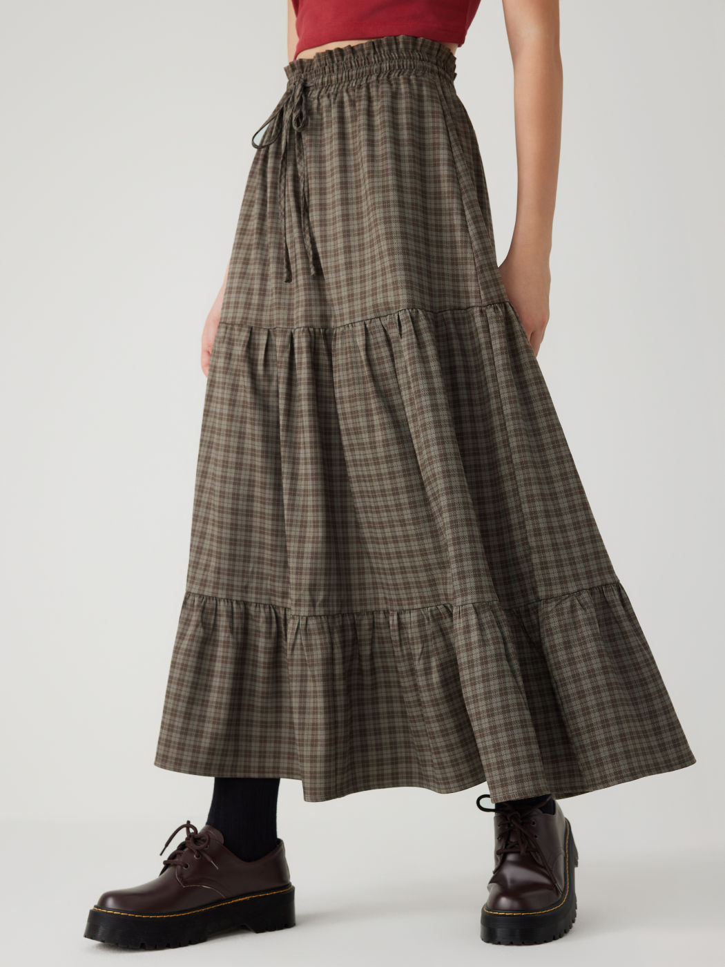 Elastic Waist Check Knotted Tiered Maxi Skirt