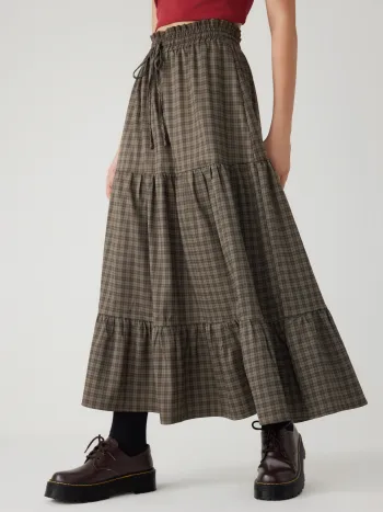 Elastic Waist Check Knotted Tiered Maxi Skirt