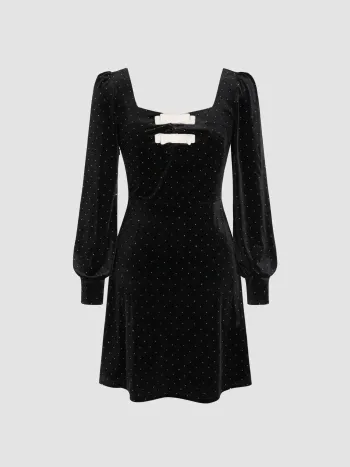  Samt Schleife Strass Minikleid