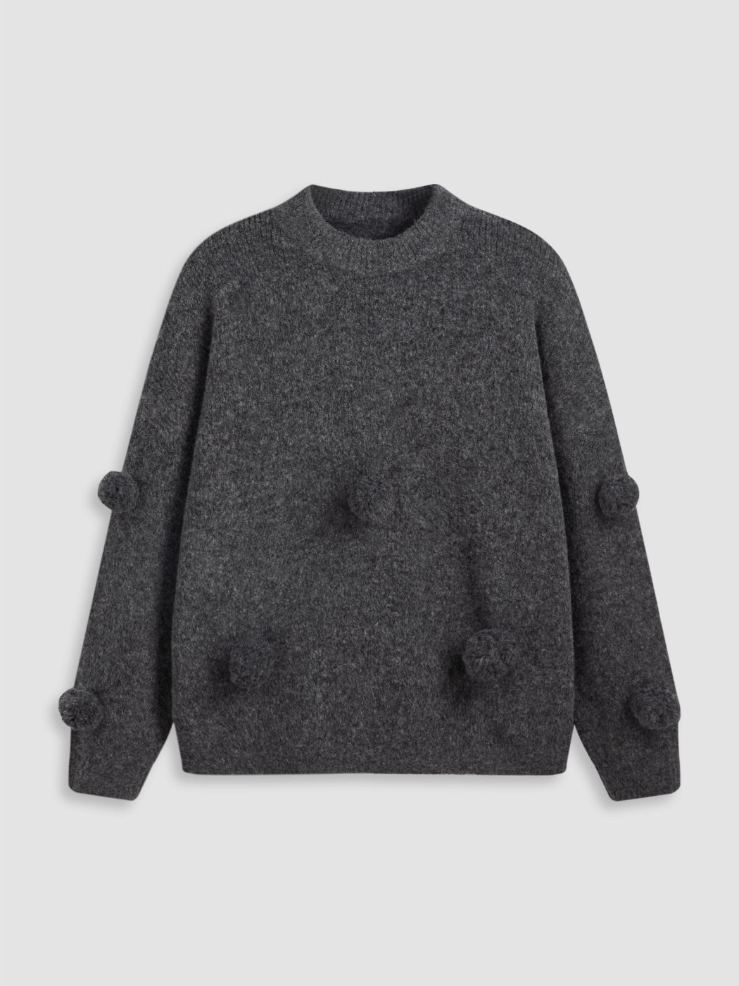  Rundhals Einfarbiger Strickoberteil mit Pompons Kurve & Plus