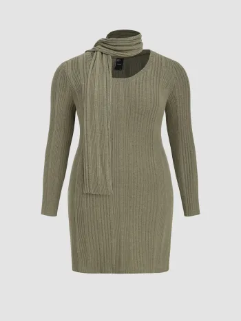  Rundhalsausschnitt Solids Minikleid mit Schal Kurve & Plus