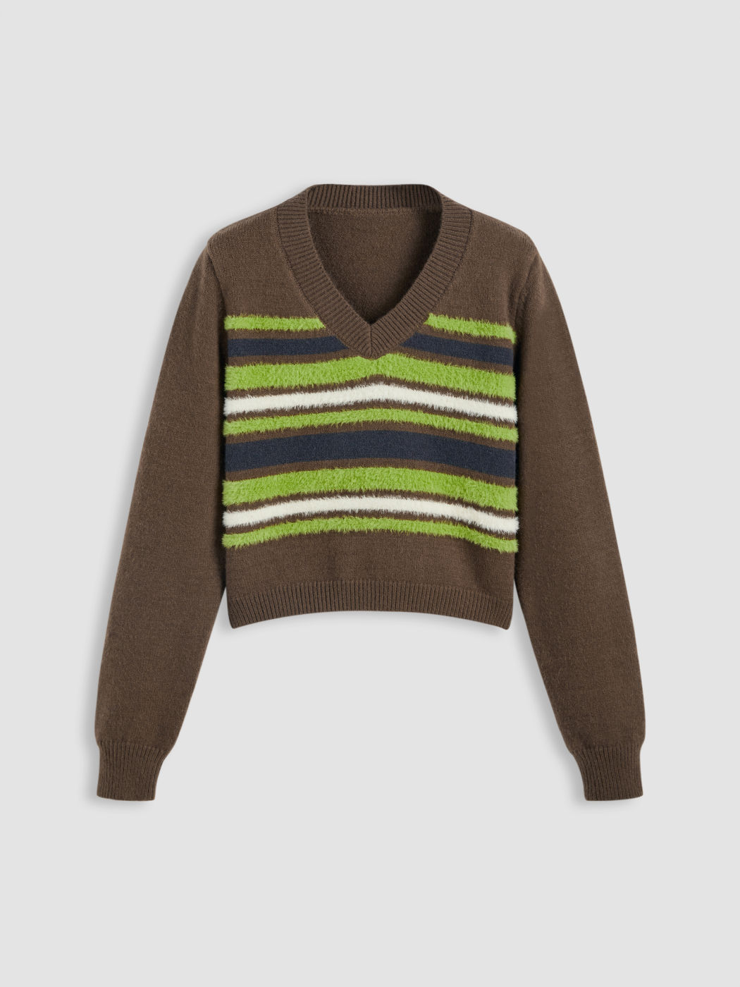 Crop top a maniche lunghe lavorato a maglia con scollo a V e bordatura a contrasto