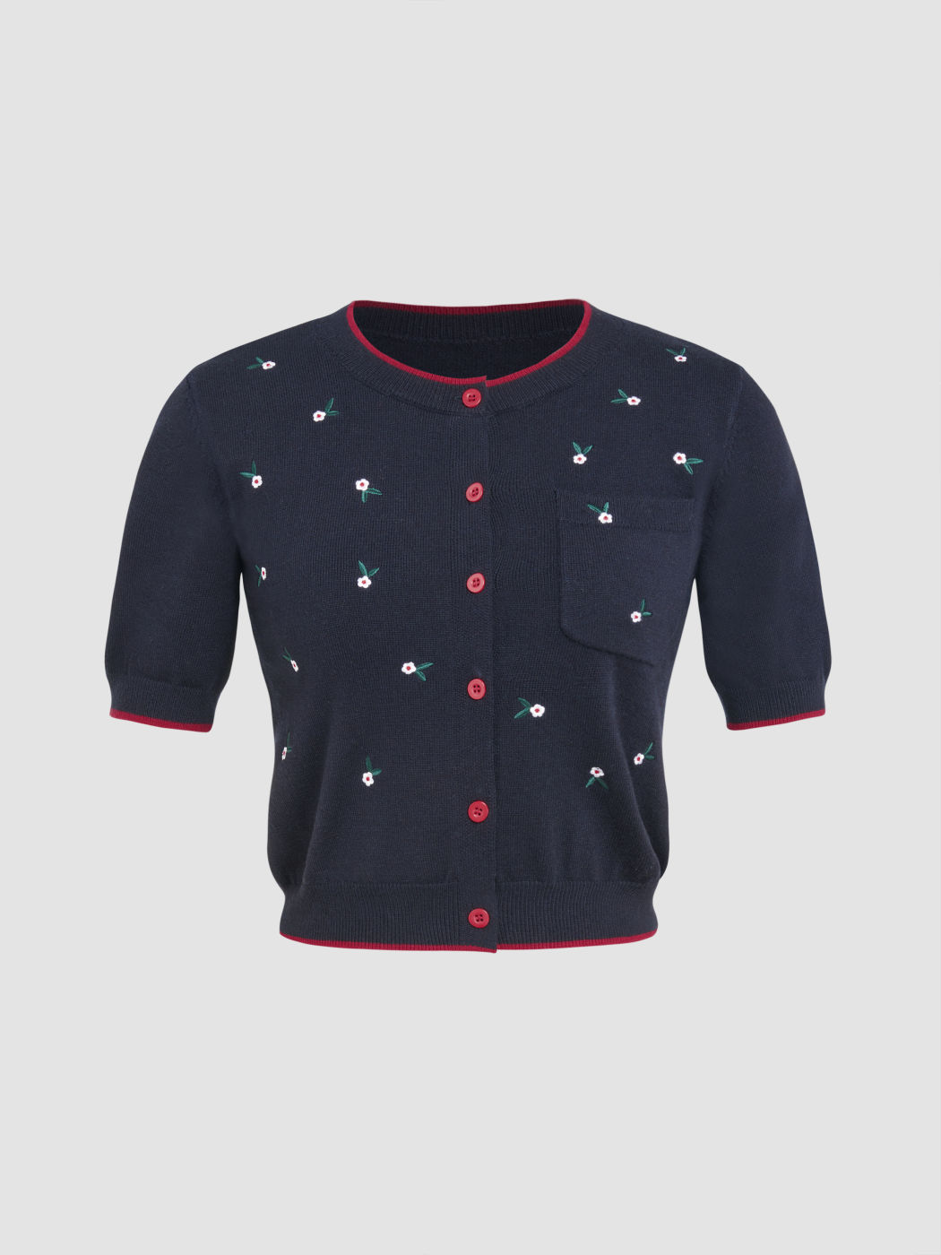 Strawberry Milk Knit Floral Contrasting Binding Button Short Sleeve Top ...