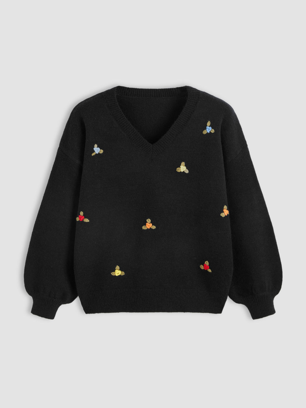  Strick V-Ausschnitt Blumen Langarm Pullover mit Schal Kurve & Plus