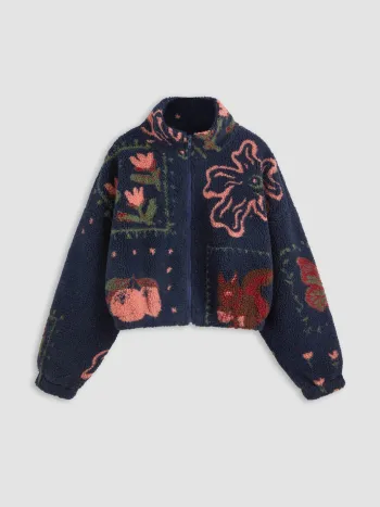 Fleece High Neck Graphic Zipper Jacket