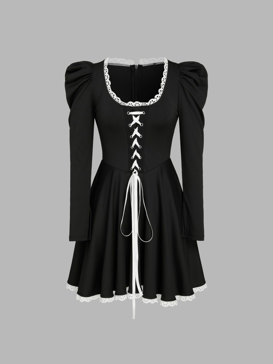 Square Neck Lace Up Puff Sleeve Solid Ruffle Mini Dress