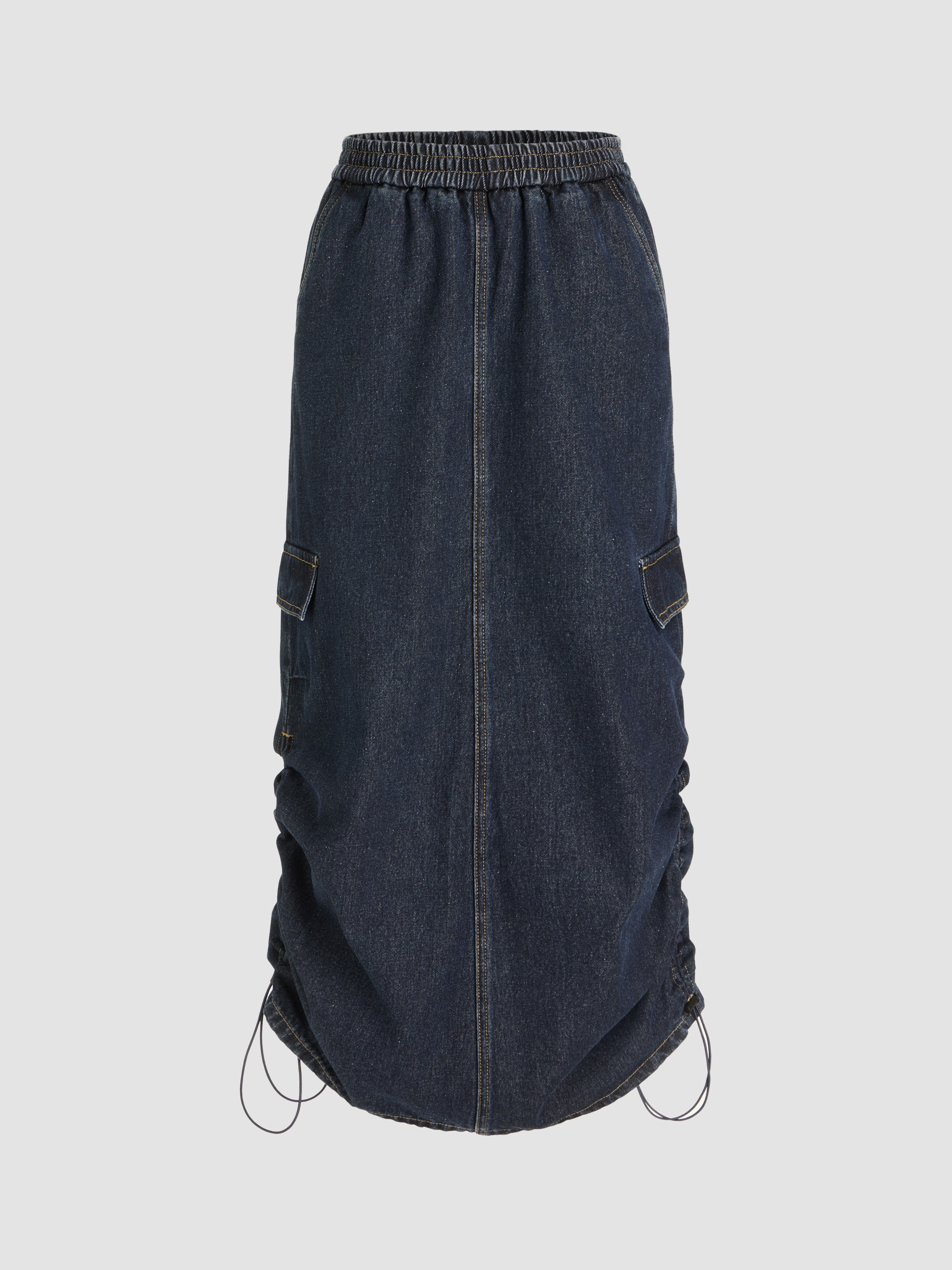 Denim Elastic Waist Drawstring Pocket Cargo Maxi Skirt - Cider